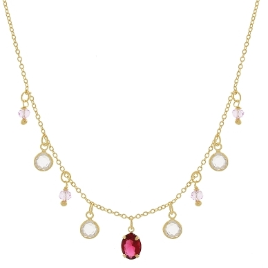 Chocker com uma pedrinha oval no meio na cor rubi quatro na cor cristal e quatro na cor quartzo rosa banhado a ouro18k