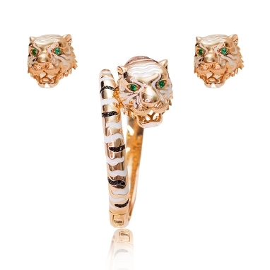 CONJUNTO LUXO BRACELETE E BRINCO TIGRE BRANCO OLHO DE ZIRCÔNIA BANHADO A OURO 18K