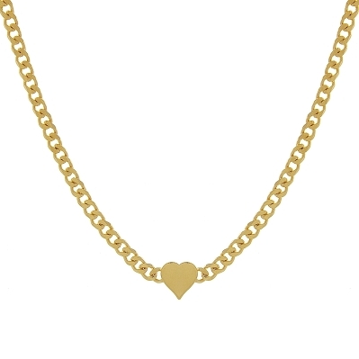 Chocker no elo grumet com um coracao fixo achatado no meio e uma pedrinha na cor rubi na ponta banhado a ouro 18k