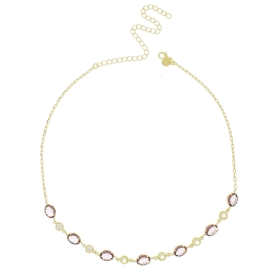 Chocker com sete pedras ovais na cor ametista e seis pedrinhas redondas na cor cristal banhada a ouro 18k