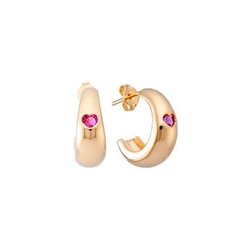BRINCO CÔNCAVO COM PEDRA DE CORAÇÃO NO MEIO QUARTZO ROSA BANHADO A OURO 18K