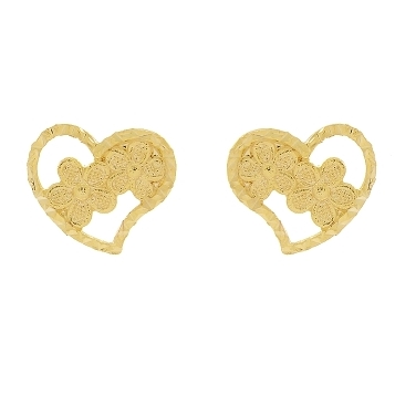 BRINCO OURINHO CORAÇÃO COM DUAS FLORES BANHADO A OURO 18K