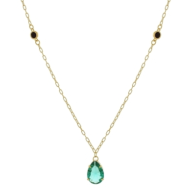 Gargantilha com pedra gota grande na cor turmalina com duas pedrinhas redondas na cor preta banhada a ouro 18k