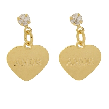 BRINCO CORAÇÃO COM A PALAVRA AMOR COM UM PONTO DE LUZ BANHADO A OURO 18K