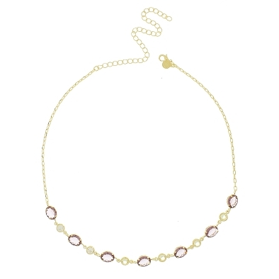 Chocker com sete pedras ovais nas cores acqua e azul bic e seis pedrinhas redondas na cor cristal banhada a ouro 18k