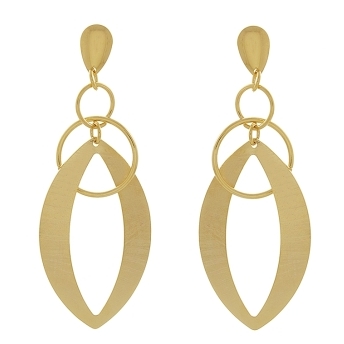 Brinco longo com base em forma de gota com elos redondos e um elo grande fosco banhado a ouro 18k