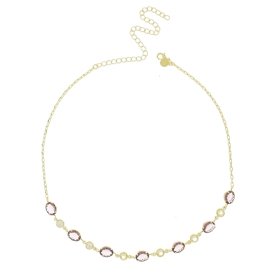 Chocker com sete pedras ovais na cor lilas e seis pedrinhas redondas na cor cristal banhada a ouro 18k