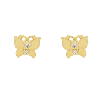 BRINCO MINI BAORBOLETA COM DUAS PEDRINHAS CRISTAL BANHADO A OURO 18K
