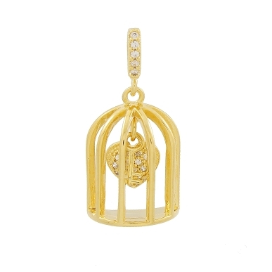 PINGENTE GAIOLA COM ELO CRAVEJADO COM CHAVE E CORACAO CRAVEJADO POR DENTRO BANHADO A OURO 18K