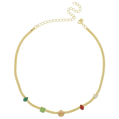 Chocker fita lisa fina com cinco pedras em formatos diferentes coloridas banhado a ouro 18k