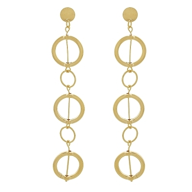 Brinco longo com base fosca com dois elos finos redondos pequenos e tres elos medios largos banhado a ouro 18k