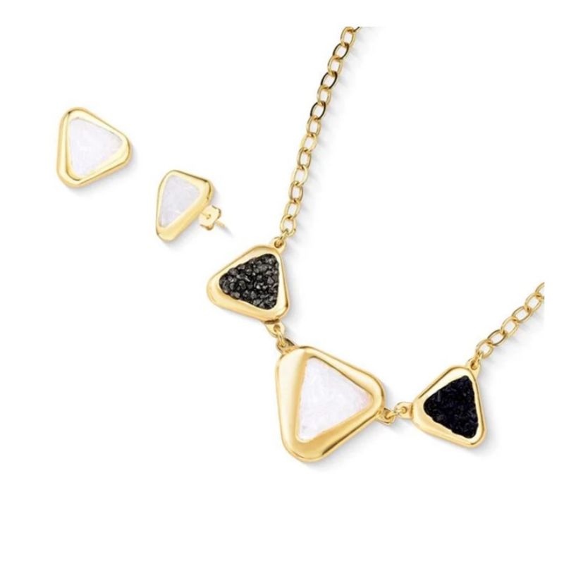 Conjunto elos ovais pedras naturais triangular pirita, selenita e turmalina negra banhado a ouro 18K