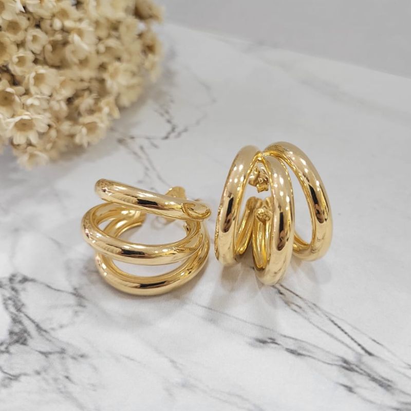 Brinco tubo argola tripla banhado a ouro 18k