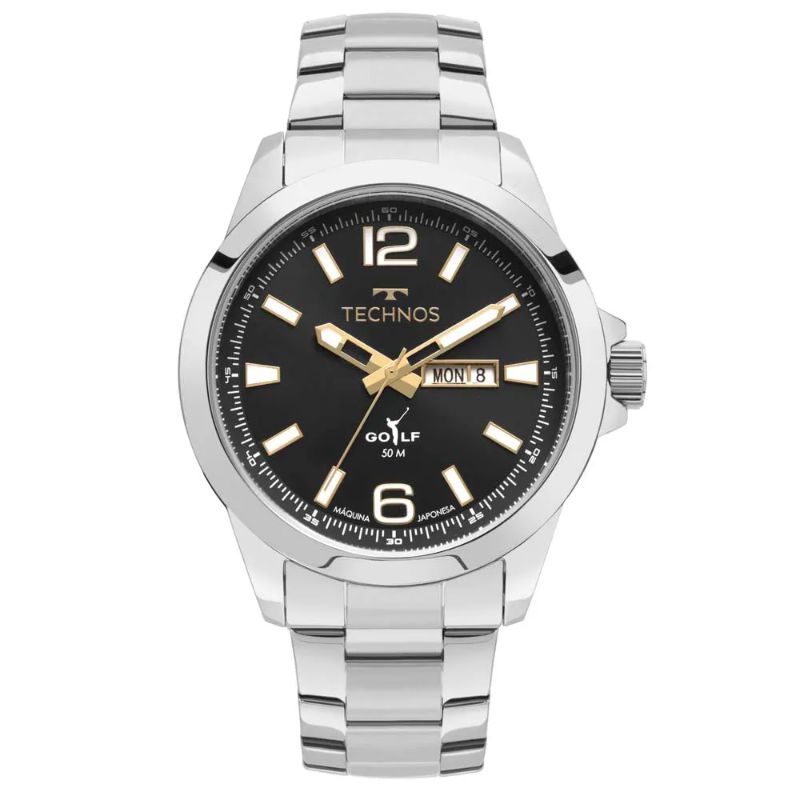 Relogio technos analogico masculino caixa grande 2105BD/1P todo na cor prata classic golf com mostrador na cor preto
