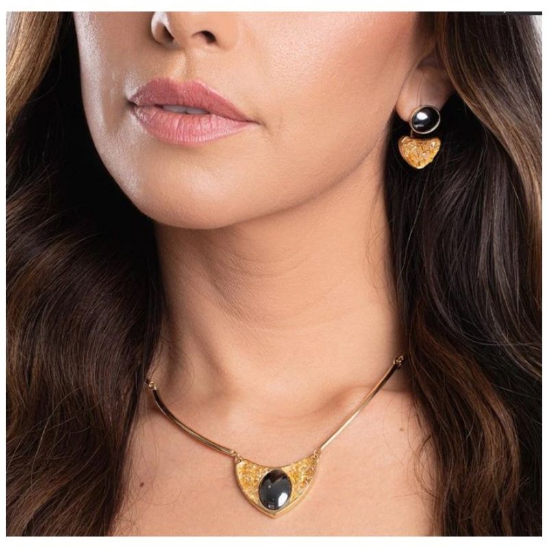 Conjunto pedras naturais oval e geometricas hematita e citrino banhado a ouro 18K