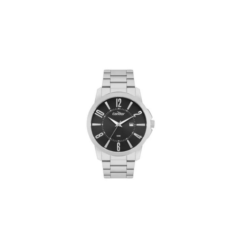 Relogio analogico masculino caixa grande todo na cor prata CO2115MXC/4K com mostrador na cor preta