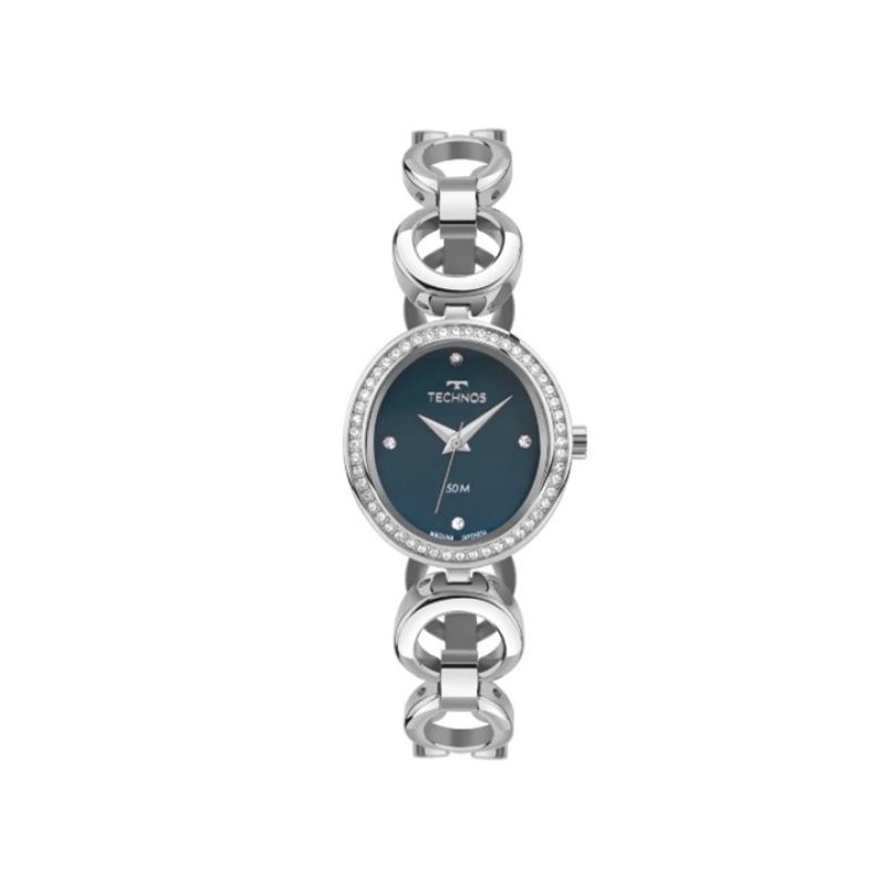 Relogio technos analogico caixa azul com pedrinhas nas laterais 2035MYO/1A oval pequeno feminino pulseira elos redondos na cor prata elegance
