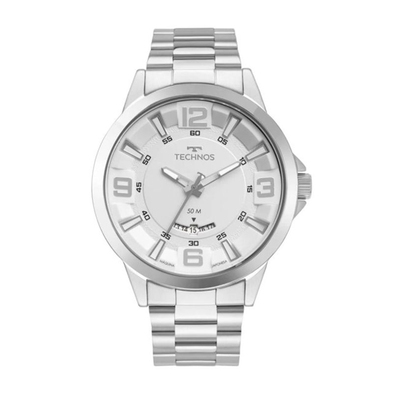Relogio technos analogico masculino caixa grande 2117LDI/1K todo na cor prata performance racer com mostrador na cor clara