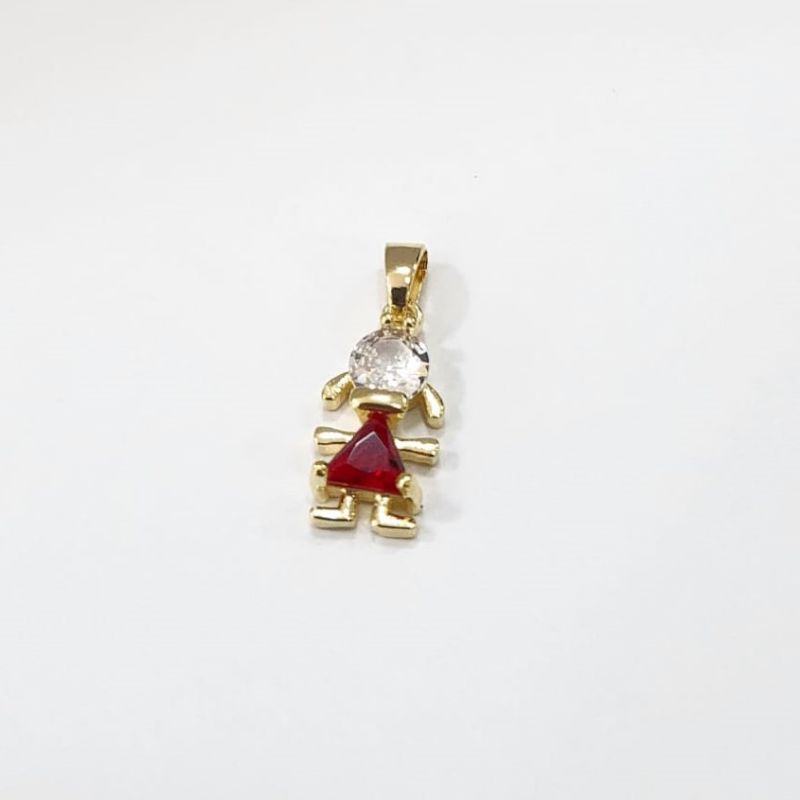 Pingente menina com uma zirconia cristal redonda e uma pedra na cor rubi banhado a ouro 18k