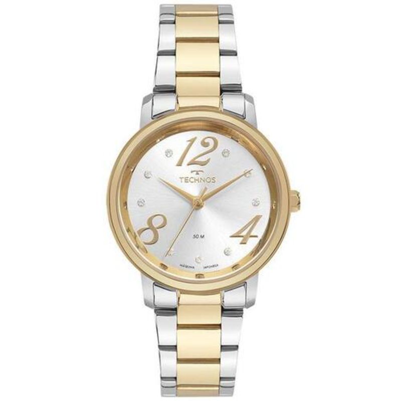 Relógio Technos feminino redondo com pulseira na cor dourado e prata 2035MYB/1K com mostrador na cor clara com numeração arábica nas posições de 4/8/12h fashion trend