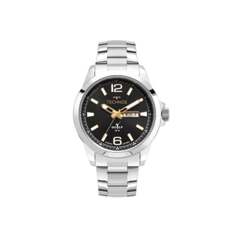 Relogio technos analogico masculino caixa grande 2105BD/1P todo na cor prata classic golf com mostrador na cor preto