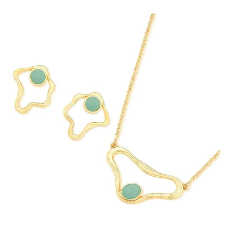 Conjunto na corrente elo portugues pedras naturais redonda quartzo verde banhado a ouro 18K