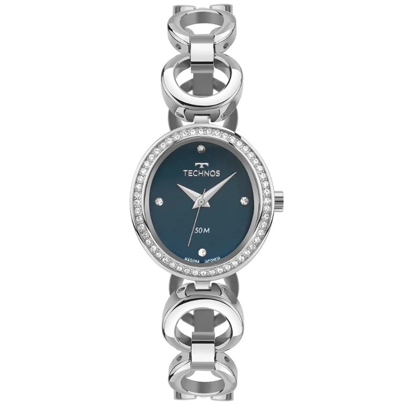 Relogio technos analogico caixa azul com pedrinhas nas laterais 2035MYO/1A oval pequeno feminino pulseira elos redondos na cor prata elegance