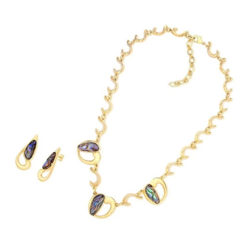 Conjunto elos tortos coracao pedras naturais oval abalone banhado a ouro 18K