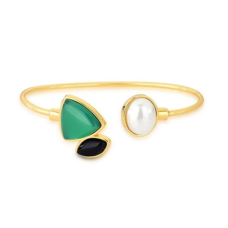 Bracelete tres pedras naturais redonda ,triangulo e oval agata verde,agata preta e shel branca banhado a ouro 18K