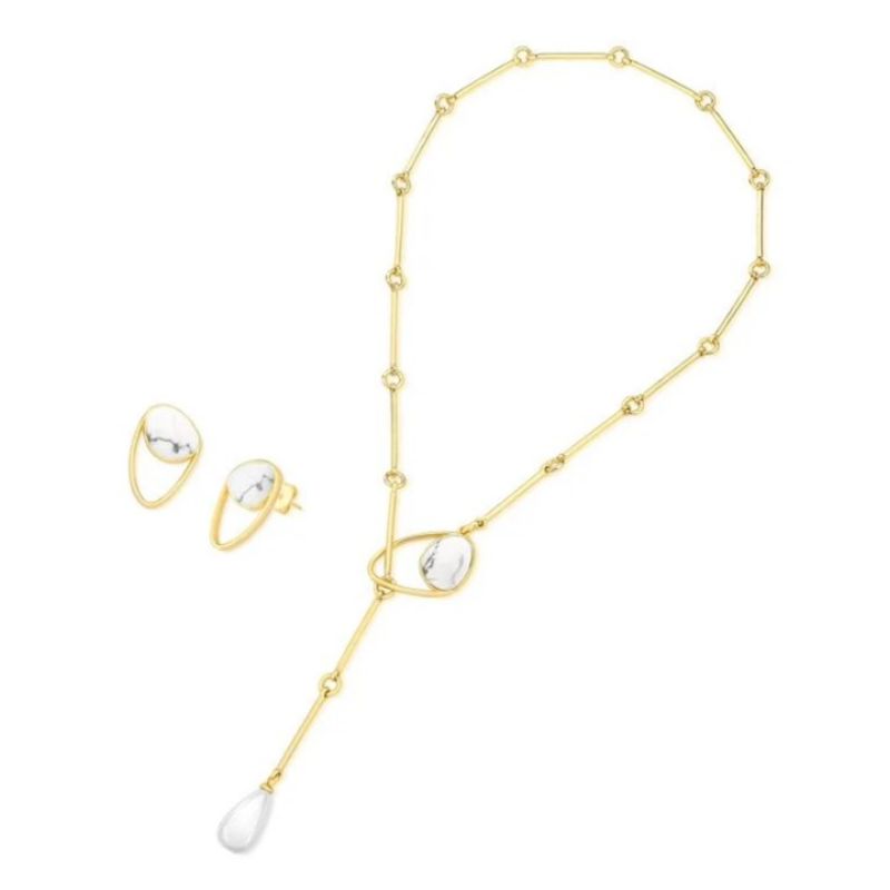 Conjunto estilo gravatinha pedras naturais oval e gota howlita branca e shell branca banhado a ouro 18K