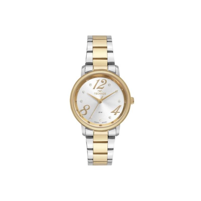 Relógio Technos feminino redondo com pulseira na cor dourado e prata 2035MYB/1K com mostrador na cor clara com numeração arábica nas posições de 4/8/12h fashion trend