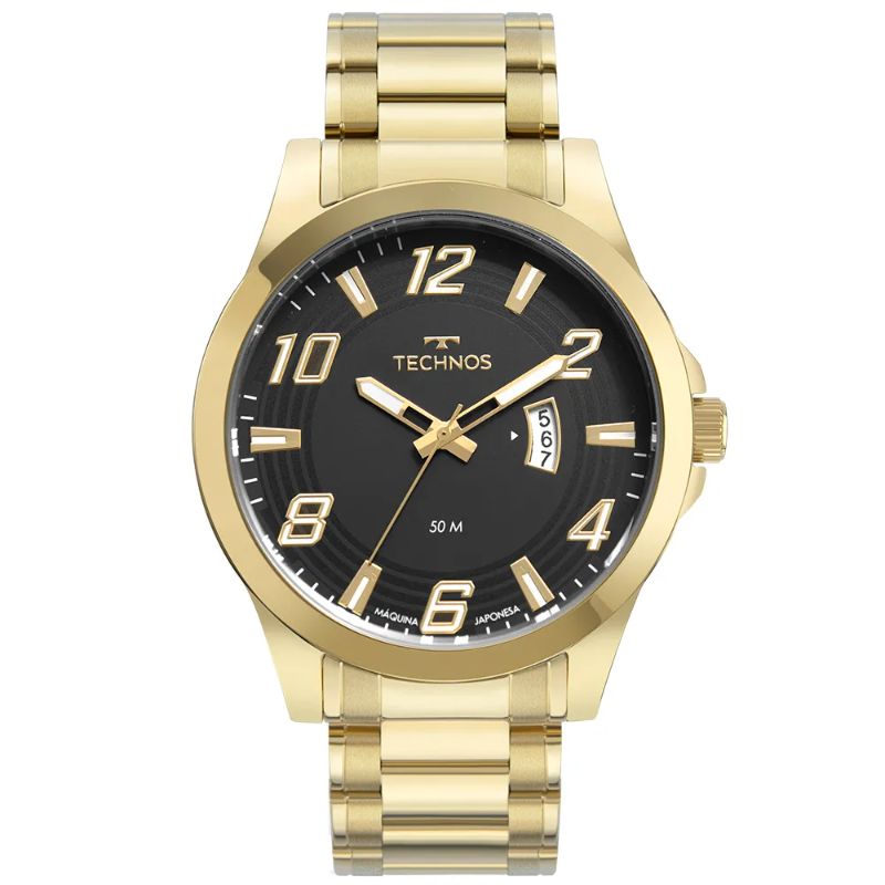 Relogio technos analogico masculino caixa grande 2115MXZ/1P todo na cor dourado performance racer com mostrador na cor preto