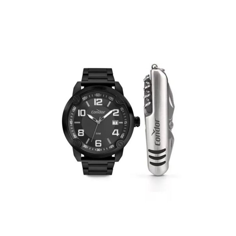 Relogio analogico todo preto COPC32DW/K4P com numeros grandes masculino com kit canivete