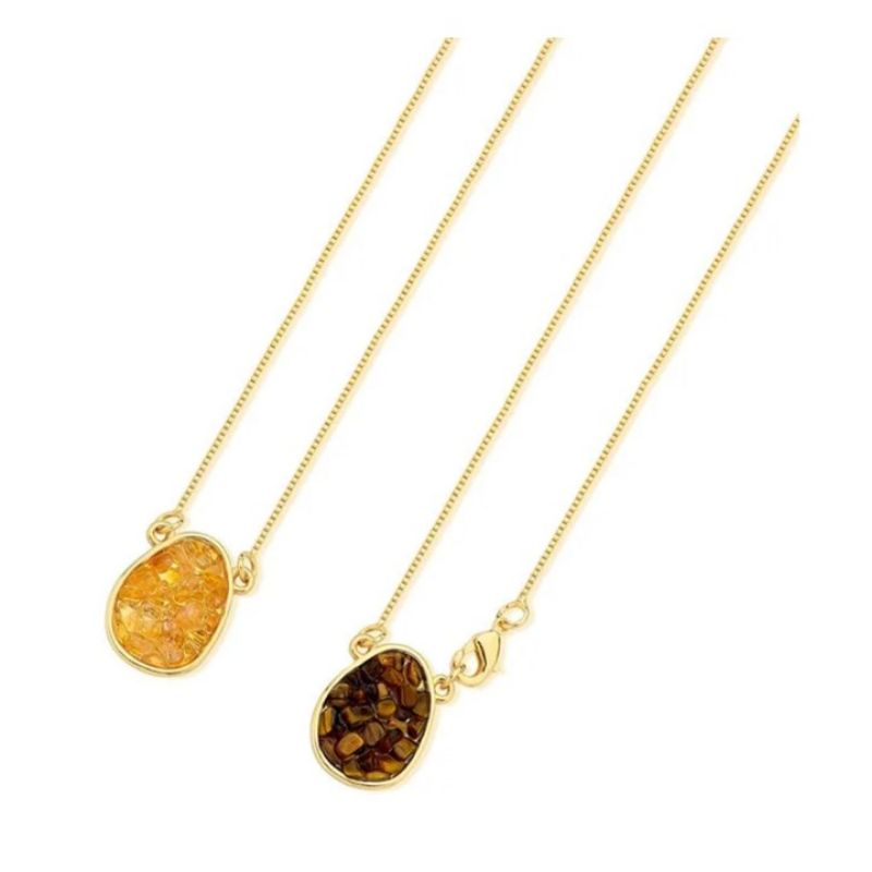 Colar pedras naturais ovais olho de tigre e citrino banhado a ouro 18K