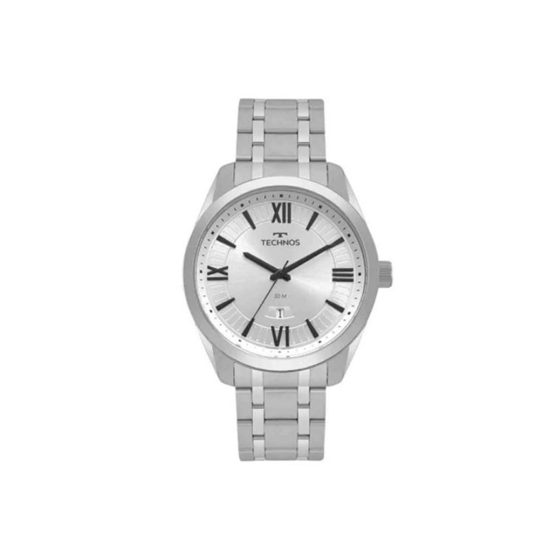 Relogio technos analogico masculino caixa grande 2115MSQS/1K todo na cor prata classic steel com mostrador na cor clara