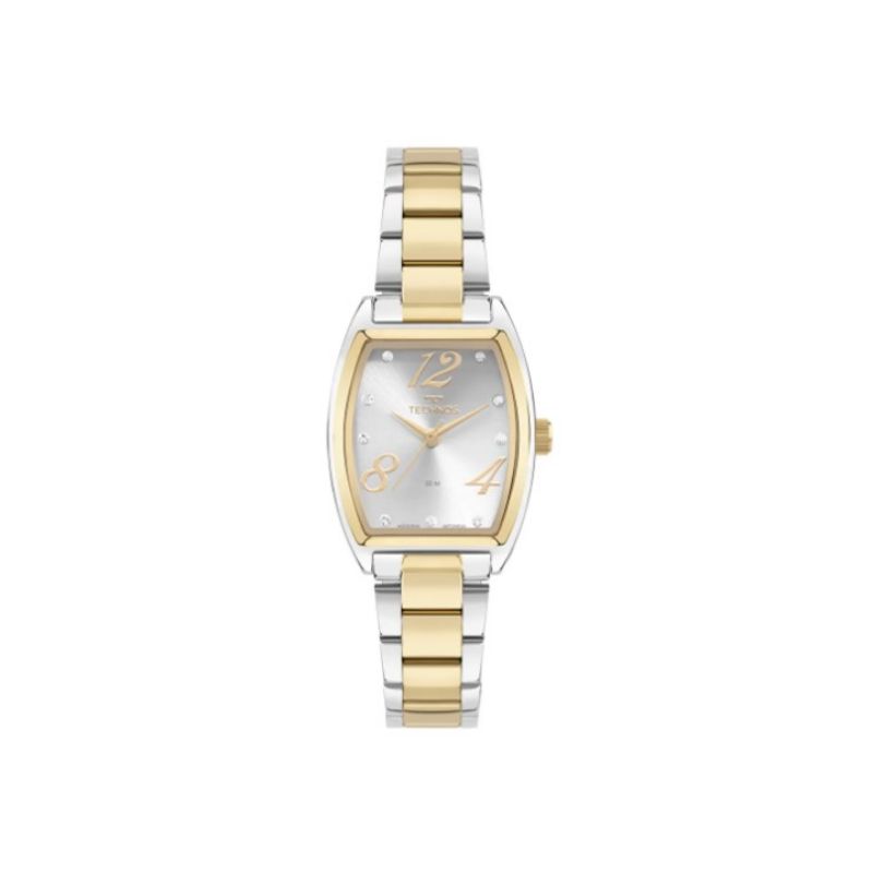 Relógio Technos feminino retangular com pulseira na cor dourado e prata com mostrador na cor clara com numeração arábica nas posições de 4/8/12h fashion trend 2035MZK/1K