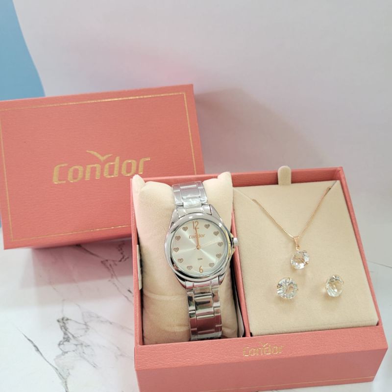 CO2035NBF/K4K Relogio analogico condor kit redondo caixa meida feminino prata