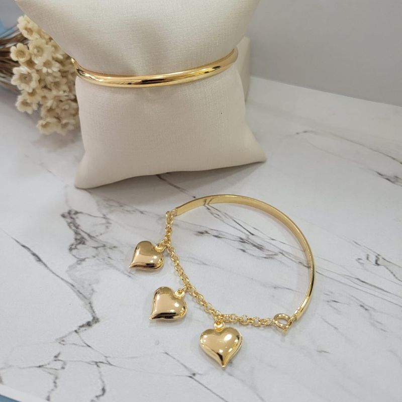 BRACELETE METADE CANINHO E PULSEIRA ELO PORTUGUES  COM 3 CORACOES
