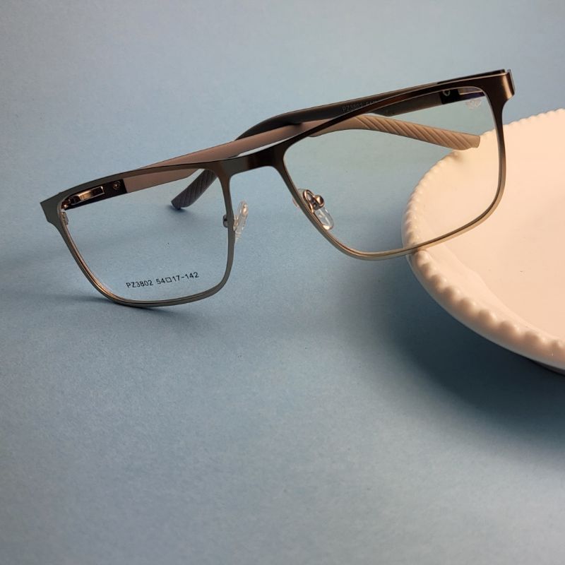 Armacao para oculos de grau quadrado masculino parafusado ferro prata perna cinza escuro com claro