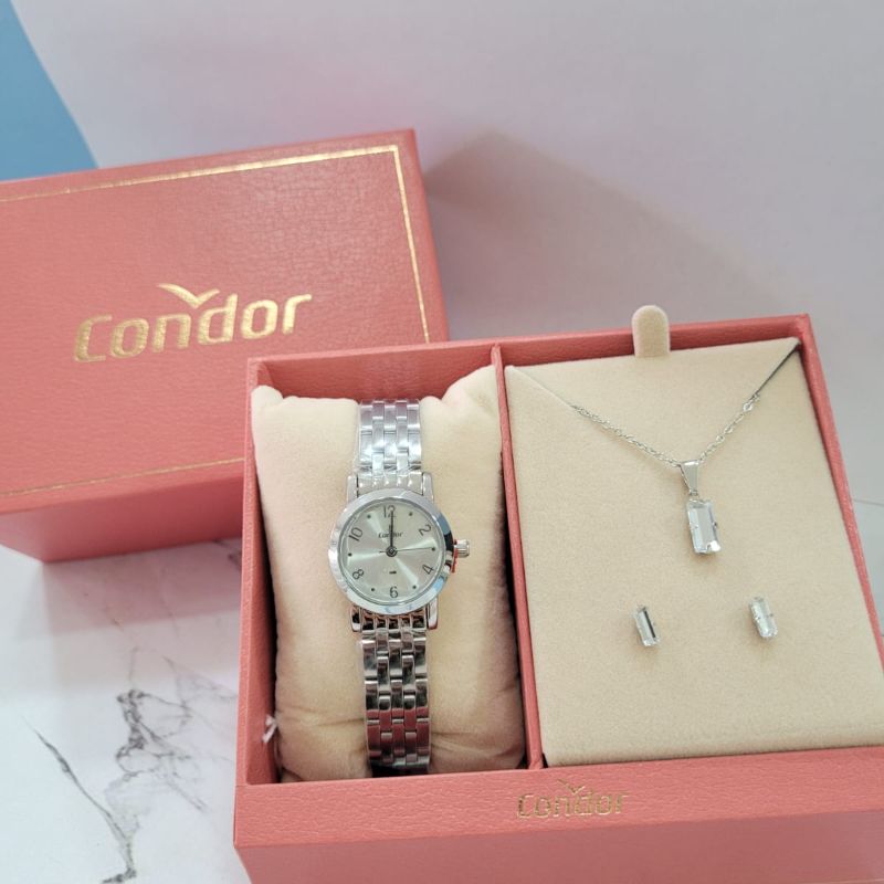 CO2035NMC/K4K Relogio analogico condor kit redondo caixa pequena feminino prata