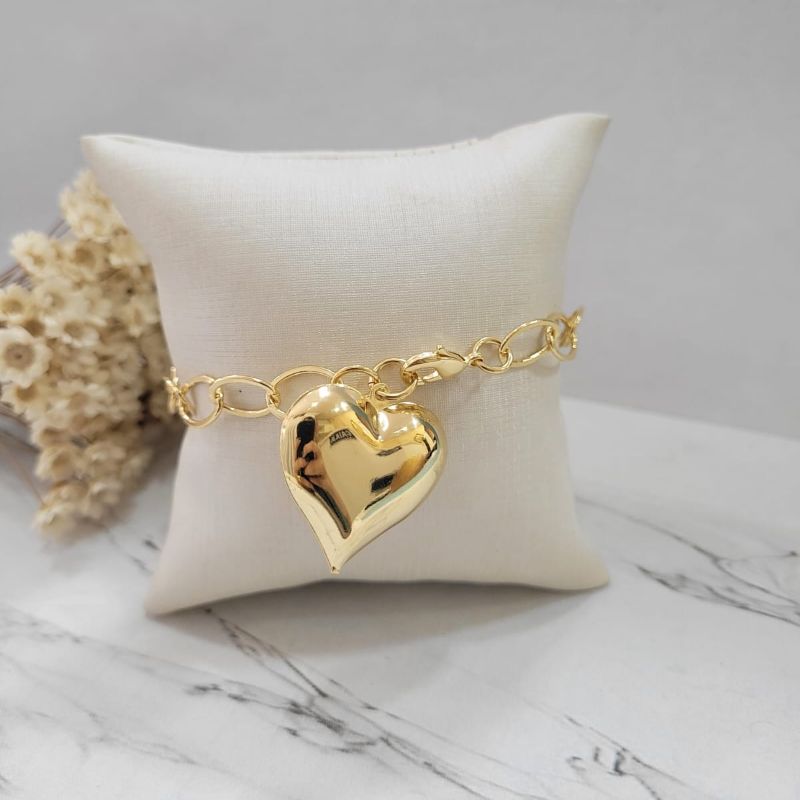 Pulseira elos grandes coracao liso grande na ponta  banhado a ouro 18k