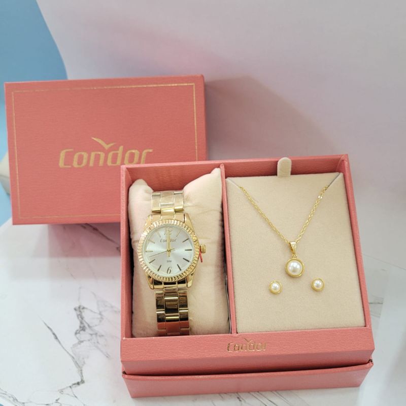 CO2035NMV/K4K Relogio analogico condor kit redondo caixa pequena feminino dourado