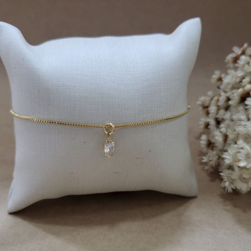 PULSEIRA VENEZIANA  COM PING PONTO DE LUZ TRANSPARENTE 4 GARRAS PING TIPO GRAO DE ARROZ BANHADO A OURO 18K