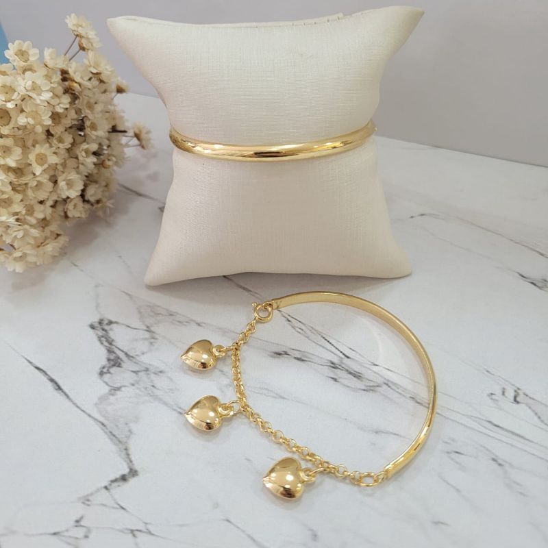 BRACELETE METADE CANINHO E PULSEIRA ELO PORTUGUES  COM 3 CORACOES