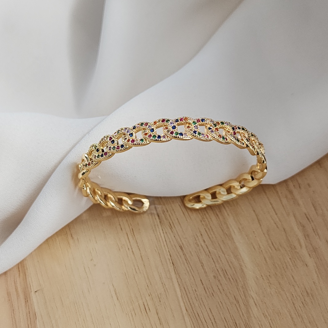 BRACELETE CRAVEJADO EM MICROZIRCÔNIAS COLORIDAS ESTILO CORRENTE
