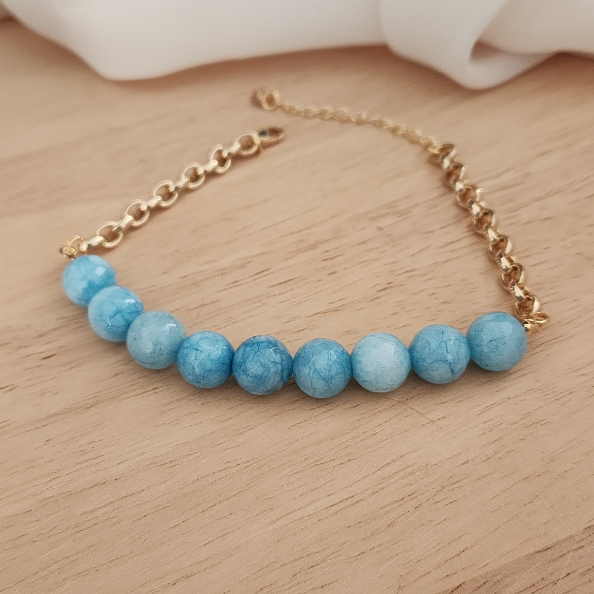 PULSEIRA DOURADO ELOS PEDRAS NATURAIS JADE ANGELITA LEITOSA