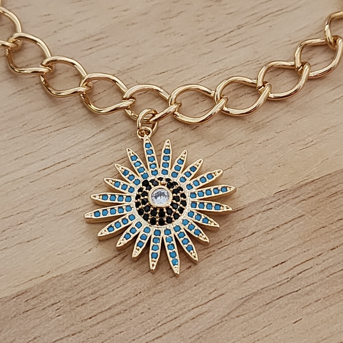 PULSEIRA ELOS PINGENTE ESTRELA ZIRCÔNIAS AZUIS LEITOSA