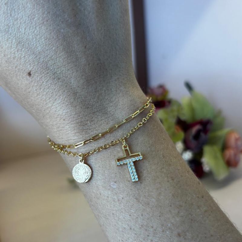 PULSEIRA DUPLA SÃO BENTO CRUZ CRAVEJADA