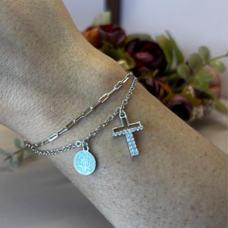 PULSEIRA DUPLA SÃO BENTO CRUZ CRAVEJADA
