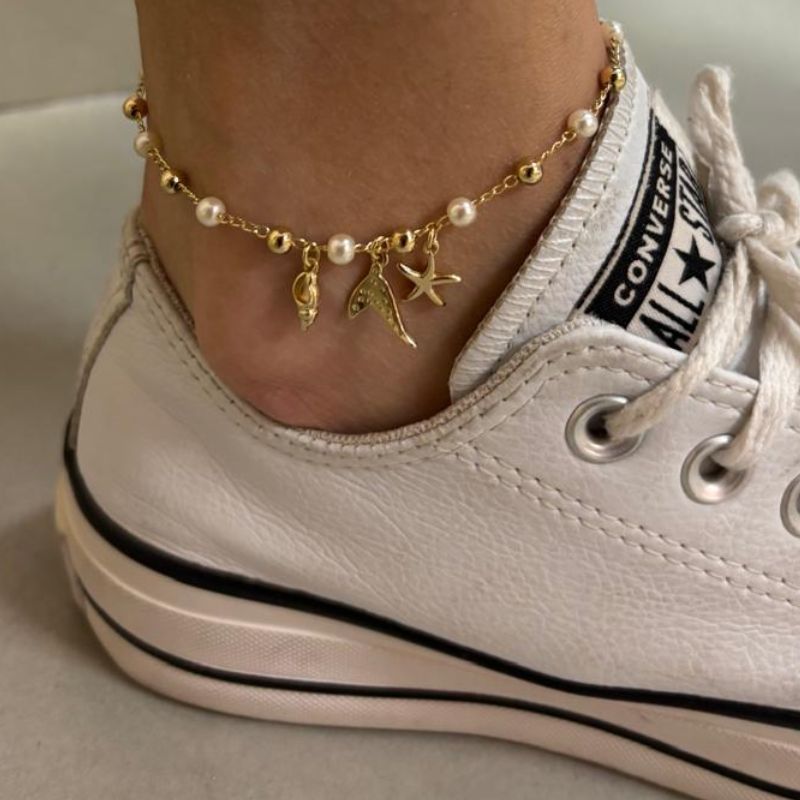 TORNOZELEIRA PINGENTE MAR COM BOLAS E PÉROLAS